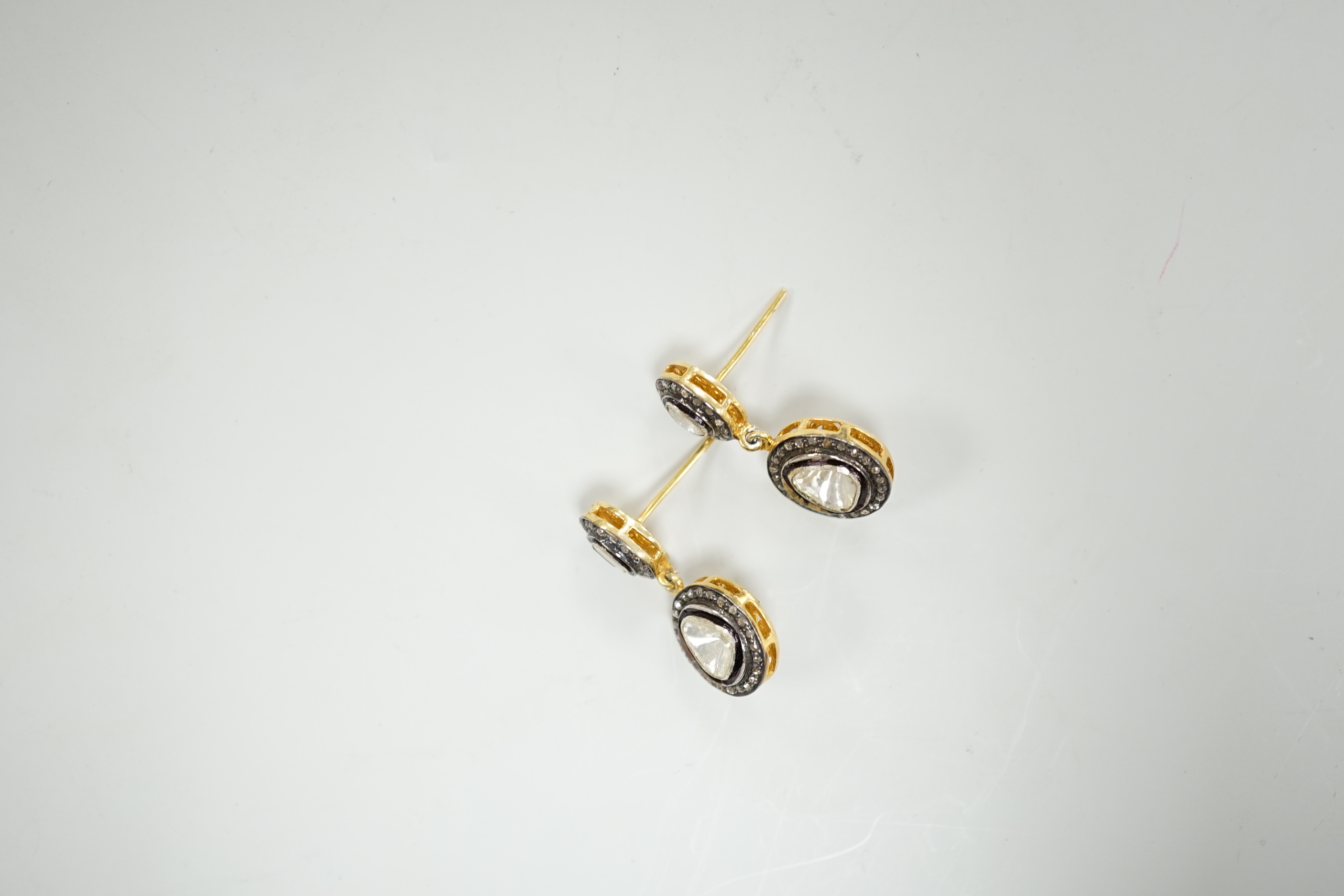 A pair of Indian? yellow metal, flat and rose cut diamond cluster set drop earrings, 27mm, gross weight 5.7 grams.